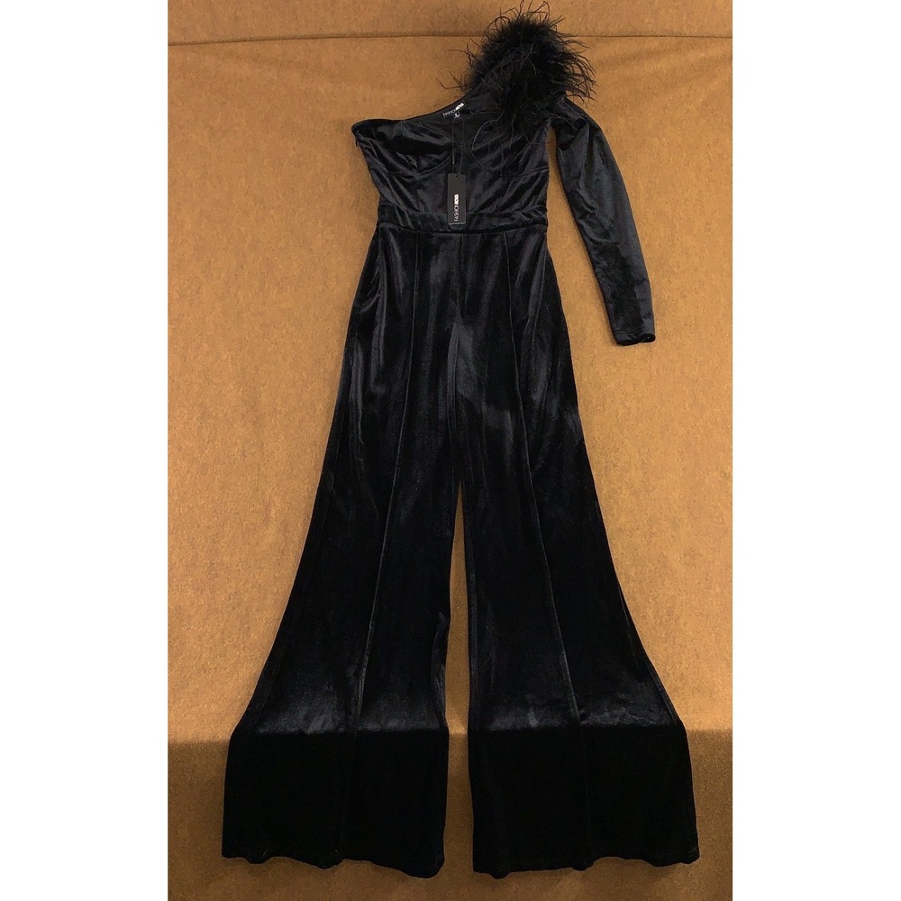 Fashion Nova Womens Small Black Stretch Laura Velvet One Shoulder Jumpsuit NWT